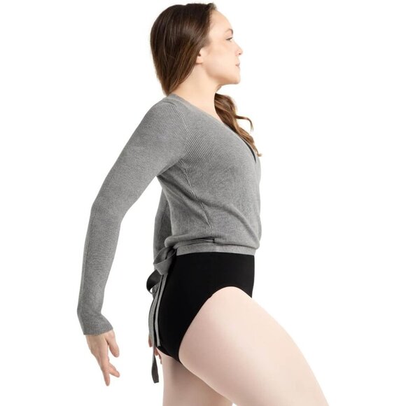 🆕 Capezio Women Grey Knit Long Sleeves V-Neck Self-Tie Hang Dry Wrap Sweater - Picture 2 of 5